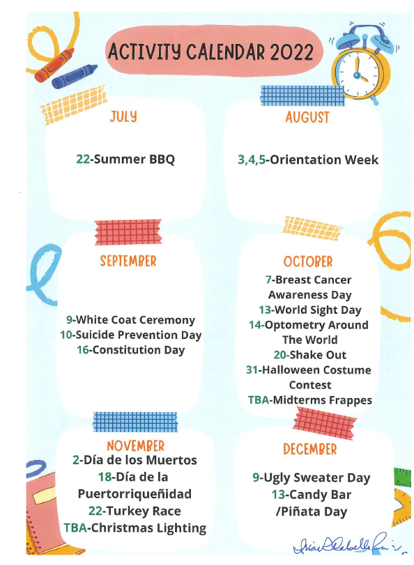 Activity Calendar July to December 2022