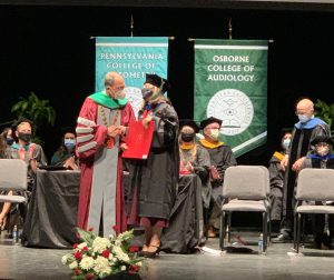 Dr. Rodriguez received her Ph.D. diploma from Salus University President Dr. Michael H. Mittelman.